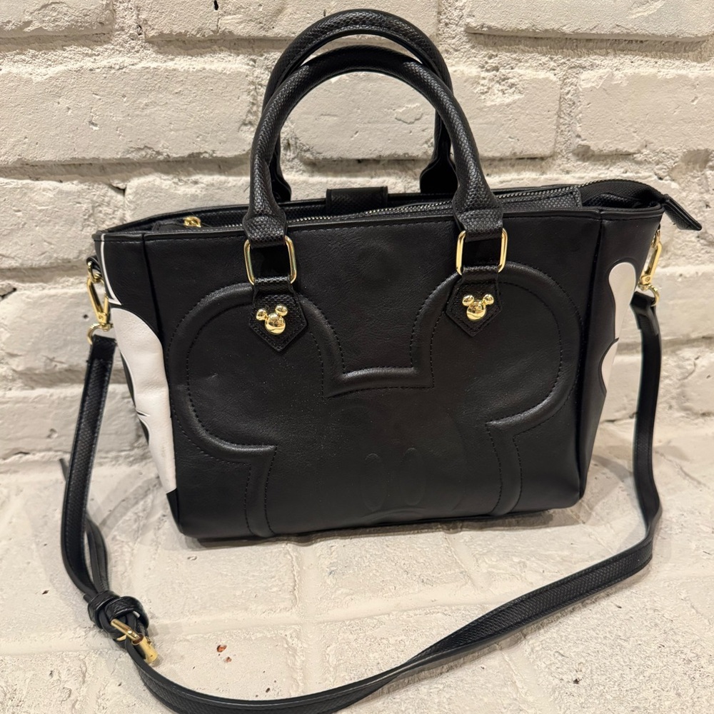 Disney's Mickey Mouse Black & White Satchel Purse Bag Handbag With Gold Hardware